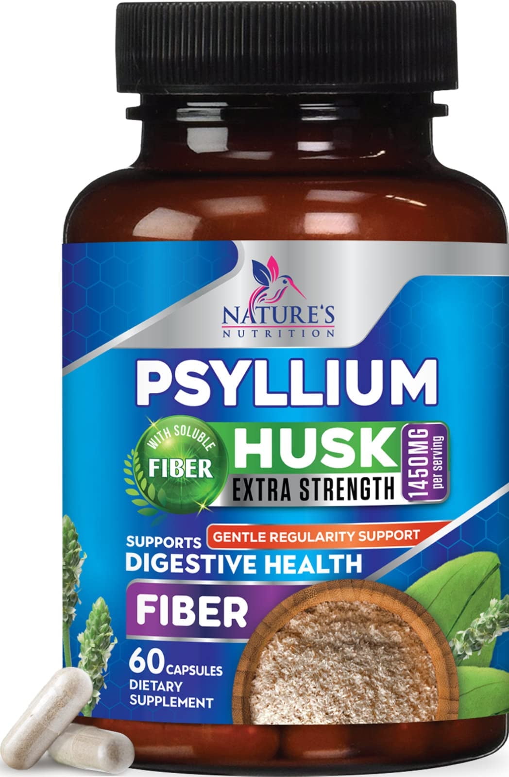 High Absorption Psyllium Husk Capsules 1450mg, Natural Soluble Fiber