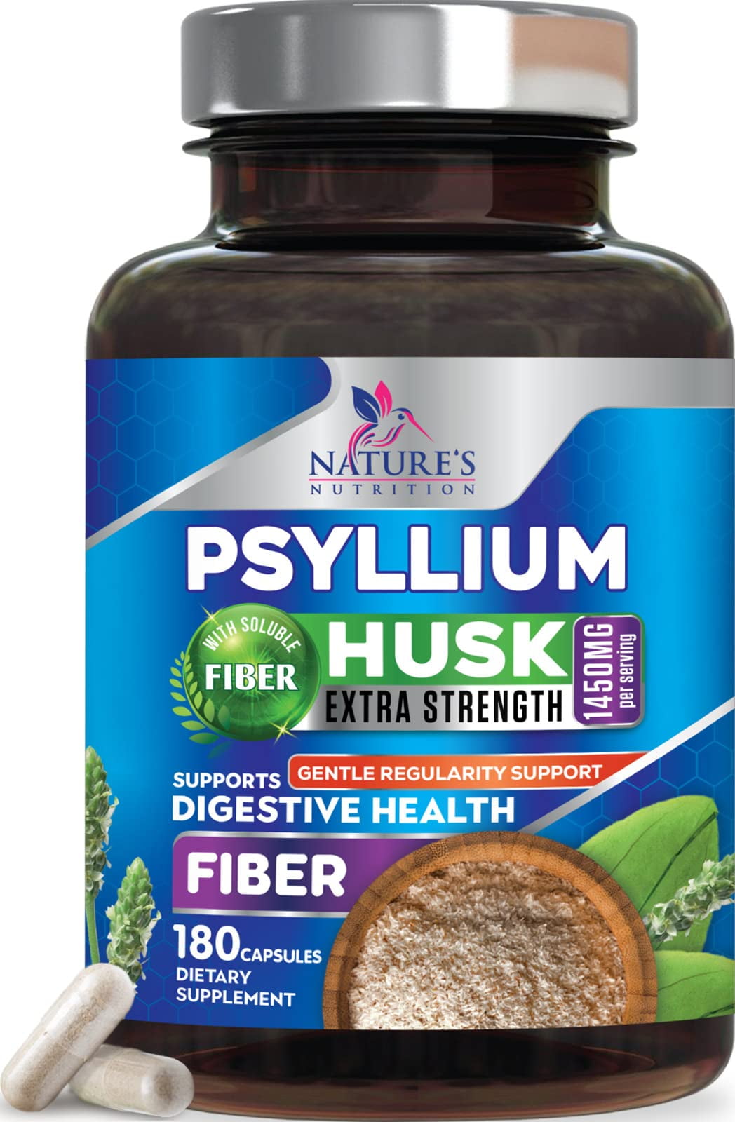 High Absorption Psyllium Husk Capsules 1450mg, Natural Soluble Fiber Supplement NonGMO Gluten