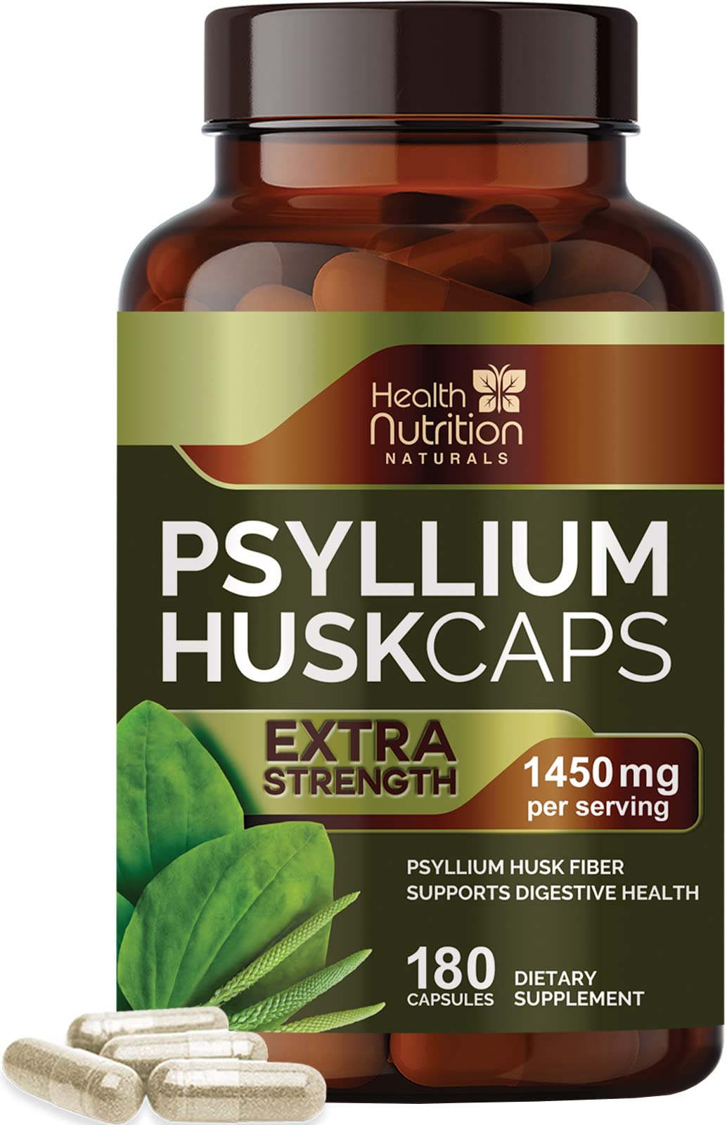 High Absorption Psyllium Husk Fiber Caps 1450 mg, Natural Soluble Fiber Supplement NonGMO