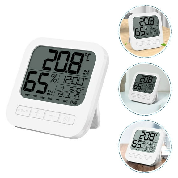 Pawsdot Indoor Thermometer Digital Hygrometer High Accuracy Humidity Meter White with Time Date and Alarm for Home
