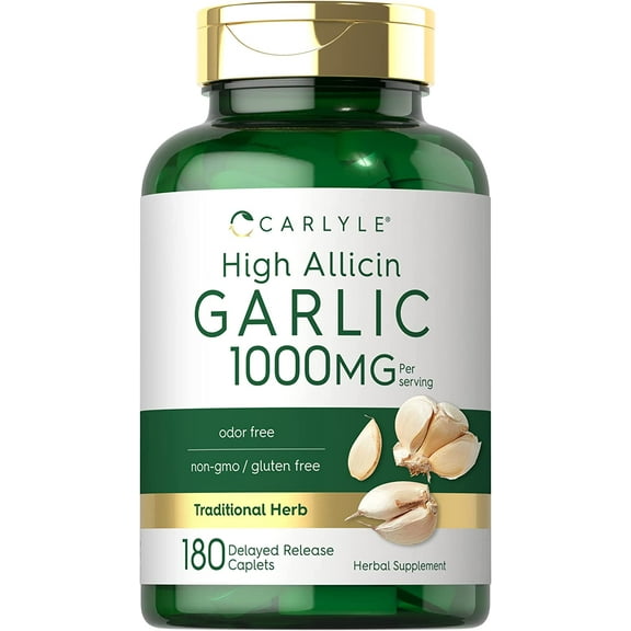 High Allicin Garlic | 1000mg | 180 Caplets | Vegetarian Formula | by Carlyle