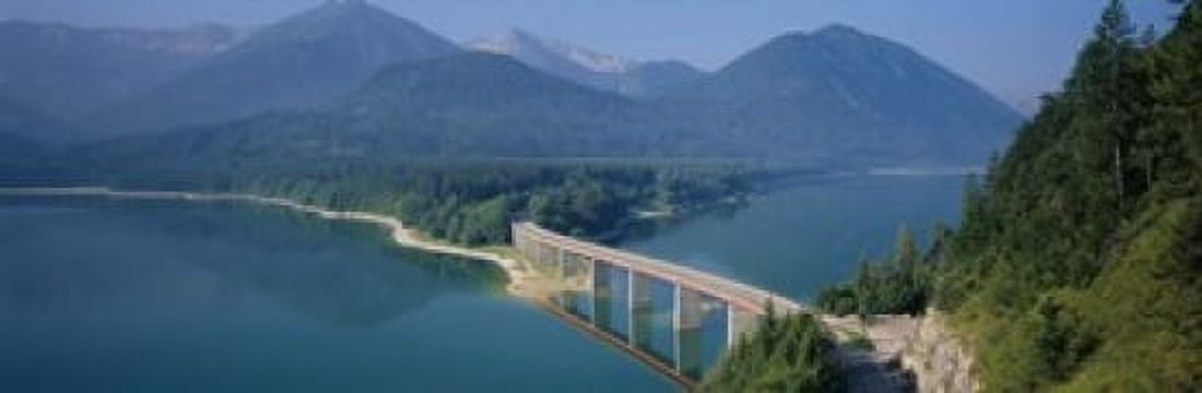 High Angle View Of A Bridge Across A Lake Sylvenstein Lake Bavaria Germany Canvas Art - Panoramic Images (18 x 6)