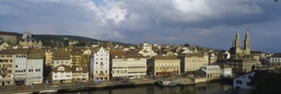 High Angle View Of A City Grossmunster Cathedral Zurich Switzerland Canvas Art - Panoramic Images (36 x 12)