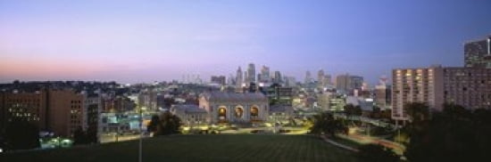 High Angle View Of A City Lit Up At Dusk Kansas City Missouri USA Canvas Art - Panoramic Images (36 x 12)