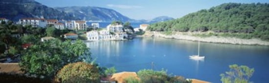 High Angle View Of A Town On The Waterfront Cephalonia Greece Canvas Art - Panoramic Images (36 x 12)
