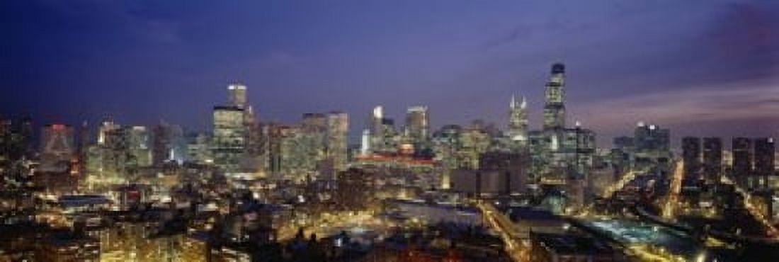 High Angle View Of Buildings Lit Up At Dusk Chicago Illinois USA Canvas Art - Panoramic Images (18 x 6)