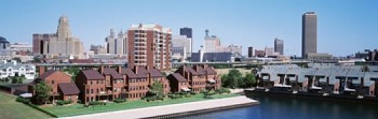 High Angle View Of City Buildings Erie Basin Marina Buffalo New York State USA Canvas Art - Panoramic Images (36 x 12)