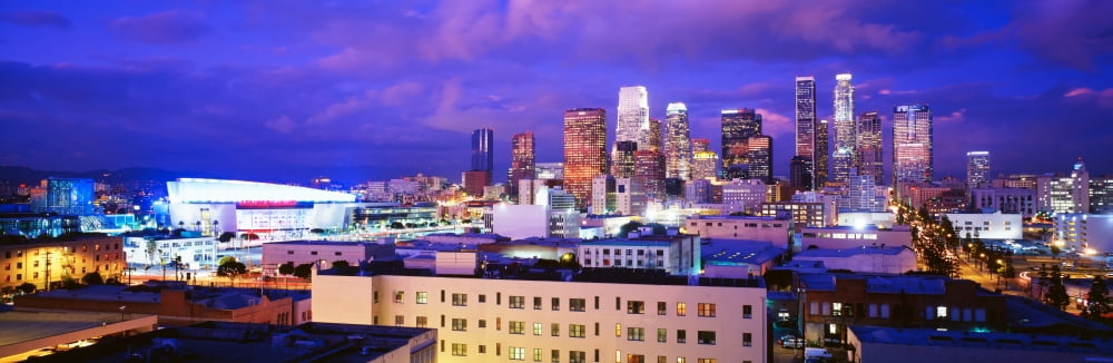 High Angle View Of The City At Night Los Angeles California USA Canvas Art - Panoramic Images (27 x 9)