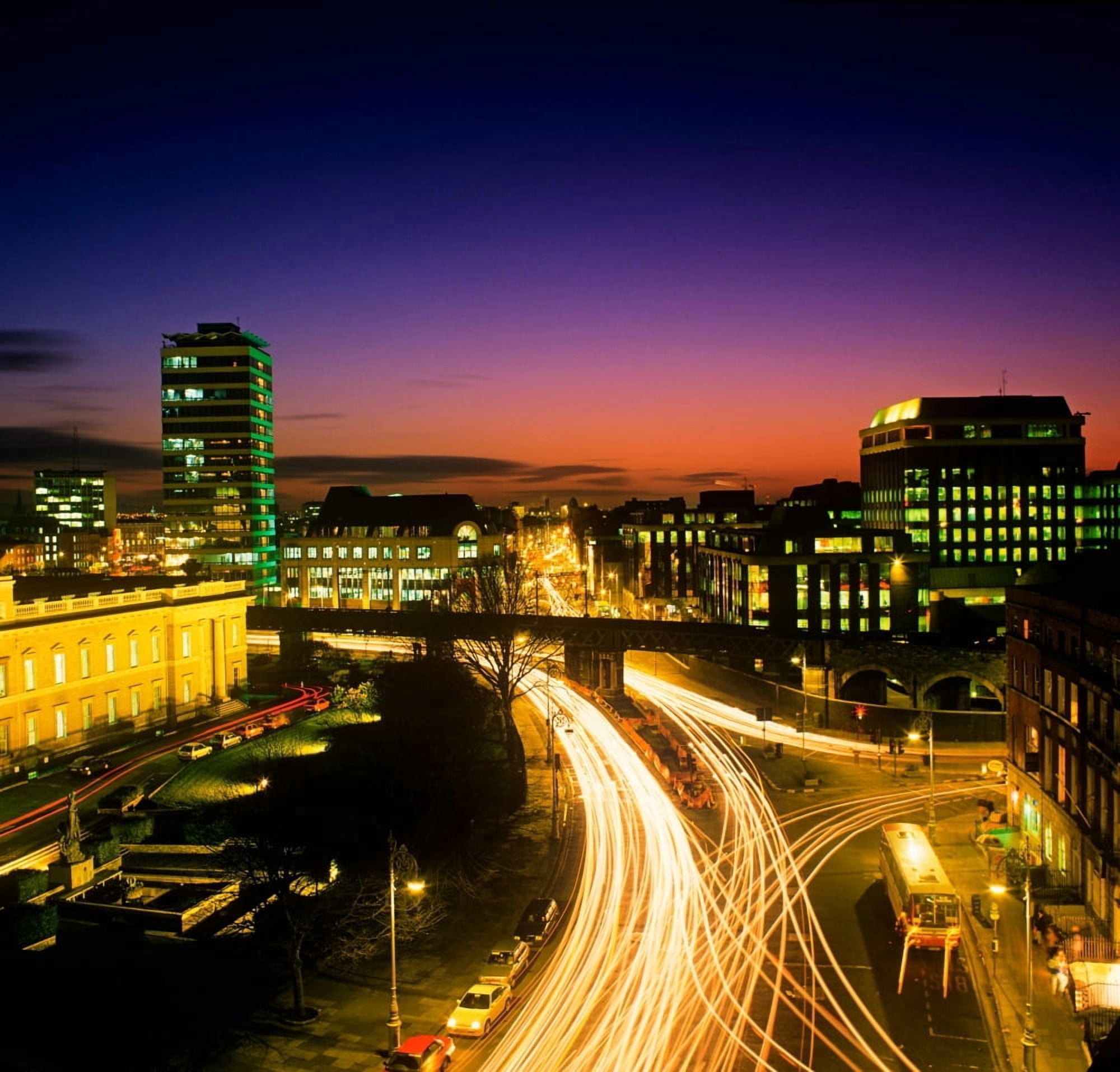 High Angle View Of Traffic Moving In A City At Dusk Dublin Republic Of Ireland Canvas Art - The Irish Image Collection Design Pics (28 x 26)