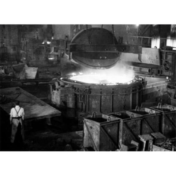High Angle View of Foundry Worker Working in Steel Mill Poster Print - 18 x 24