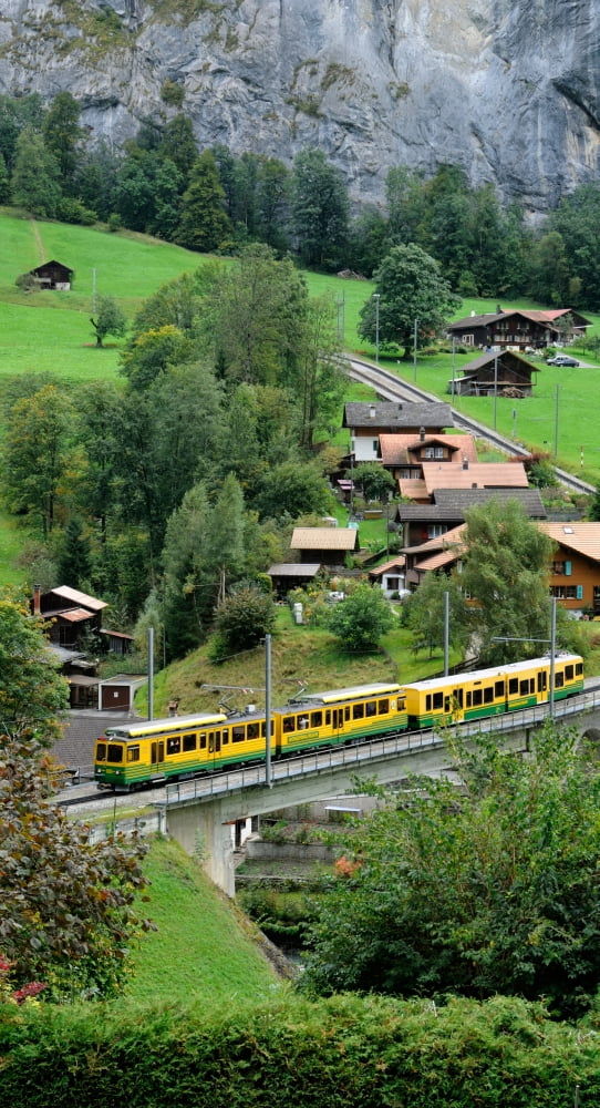 High Angle View of a train from Wengen to Lauterbrunnen Lauterbrunnen Interlaken-Oberhasli Bernese Oberland Bern Switzerland Canvas Art - Panoramic Images (36 x 12)