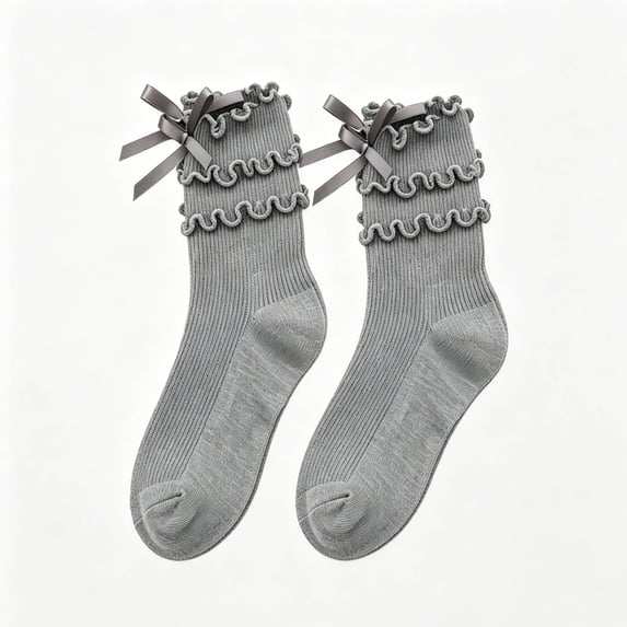 High Ankle Socks Girls Ruffle Crew Socks with Bow Solid Color Sock Ribbed Bow Warm Mid Calf Socks 3-10 Years