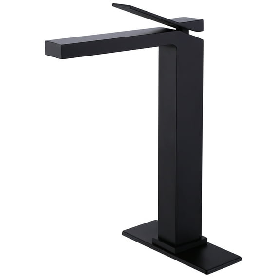 High Arc Bathroom Vessel Sink Faucet, Single Handle Deck Mounted Sink Faucet in Matte Black with 6-inch Cover Plate