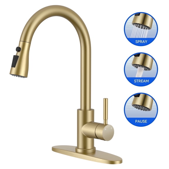 High Arc Commercial Kitchen Faucet, 3-in-1 Pull-Down Sprayer with Pause, Brushed Golden, Deck Mounted for Bar/RV/Utility