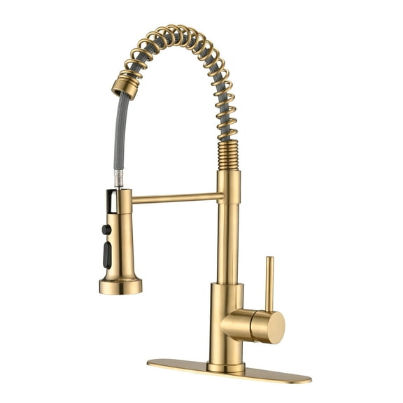 High Arc Spring Kitchen Sink Faucet with Pull Down Sprayer and Deck Plate Brushed Gold