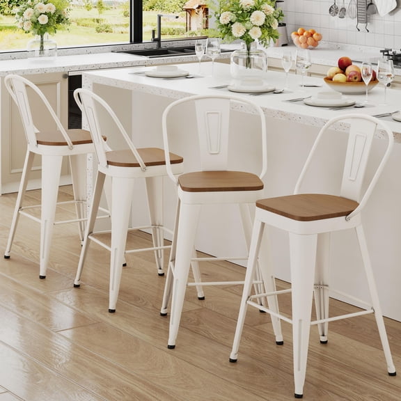 High Back 26 Inch Counter Height and Larger Seat Bar Stools - Set of 4, Off White
