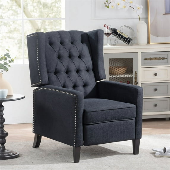 High Back Accent Chair, 27" Wide Manual Wing Recliner Chair, Upholstered Button Tufted Single Sofa Chair with Wood Legs, Comfy Reading Chair Lounge Chair with Nailhead Trim, Black