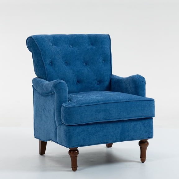 High Back Accent Chair, Fabric Upholstered Armchair with Retro Wooden Legs, Comfy Single Sofa Chair Reading Chair with Curved Armrests for Bedroom, Light Blue
