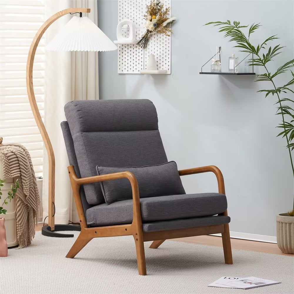 Dark Grey Velvet High-Back Accent Chair with Wood Frame