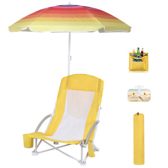 High-Back Beach Chair with Umbrella & Cooler, Heavy-Duty Compact Chair for Adults, Includes Cup Holder, Carry Bag, Perfect for Camping, Outdoor Events (Yellow 1-Pack)