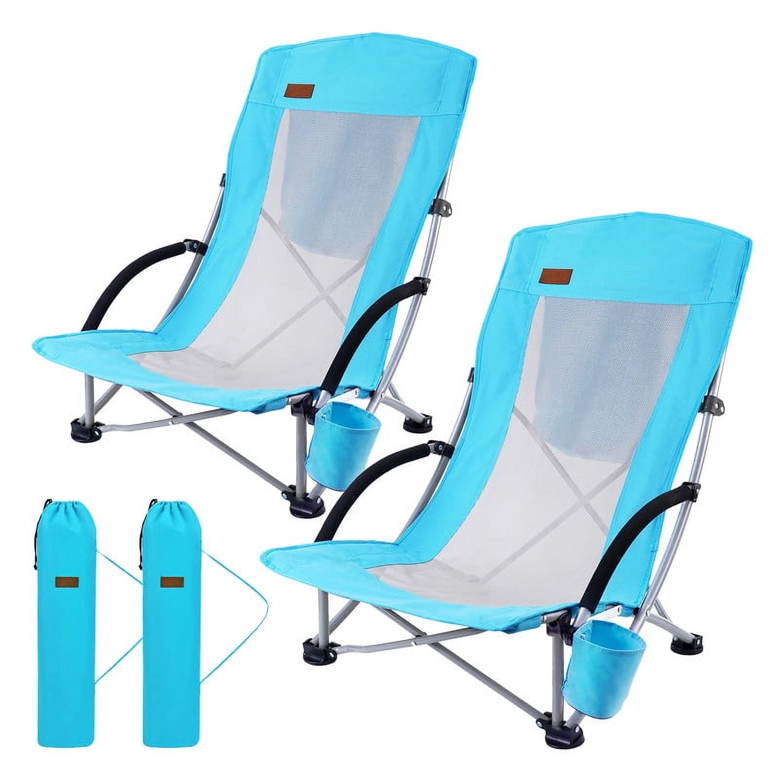 High Back Blue Mesh and Steel Folding Beach Chair Set