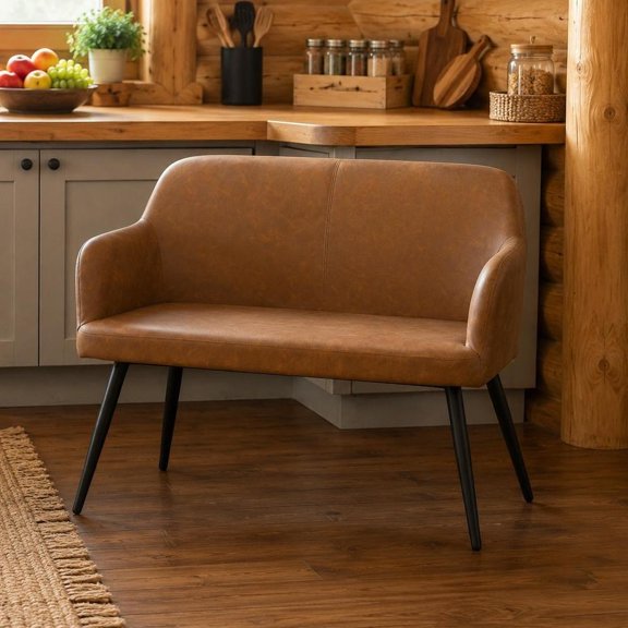 High Back Bench, industrial style, black steel frame, camel faux leather upholstery, two-seater, with armrests