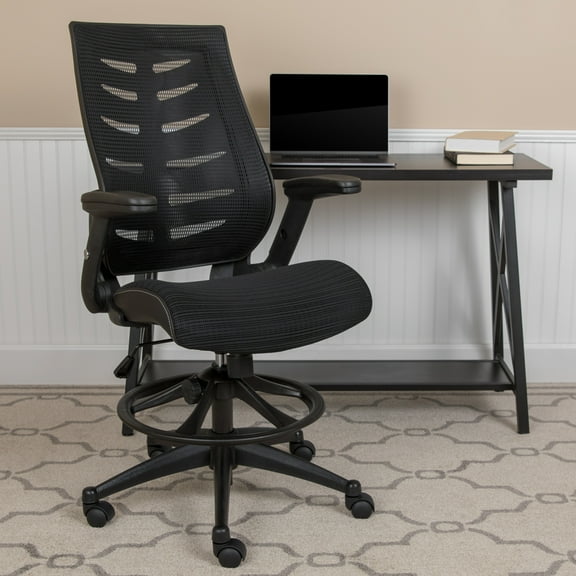 Emma + Oliver High Back Black Mesh Ergonomic Drafting Chair with Adjustable Flip-Up Arms