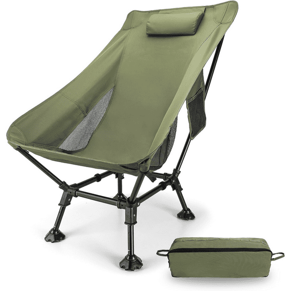 High-Back Camping Chair: Lightweight Comfortable Backpacking Chair with Head Support and Anti-Sinking Feet for Hiking Lawn Mountain 330 LBS Green
