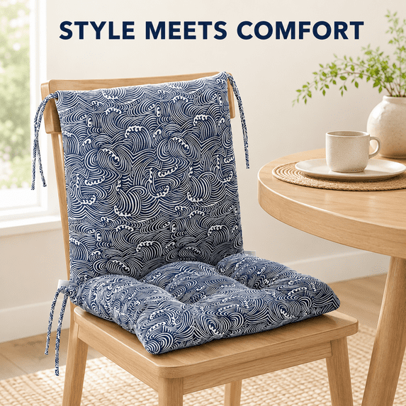 High-Back Chair Cushion, 16 x 16in One-Piece Seat and Back Pad for Indoor or Outdoor Use, Rain-Resistant Rocking Chair Replacement for Porch, Patio and Home Office, Blue