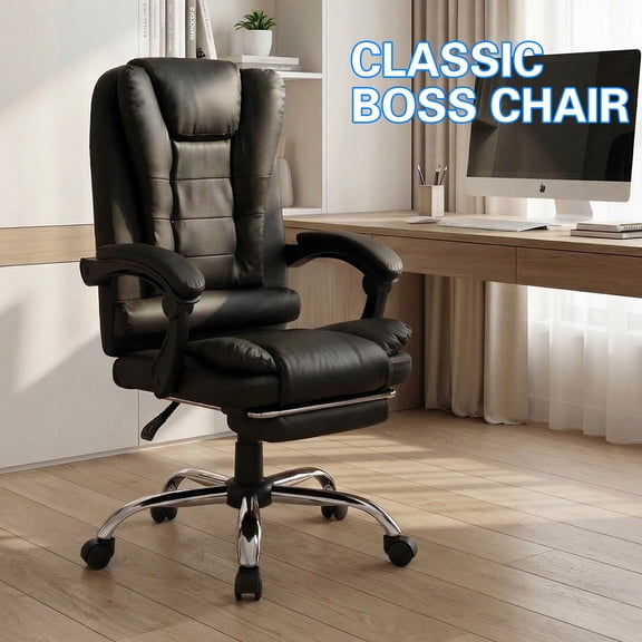 High Back Ergonomic Executive Office Chair Big And Tall Heavy Duty Home Office Desk Chair With Footrest PU Leather Computer Chair For Adult,Black