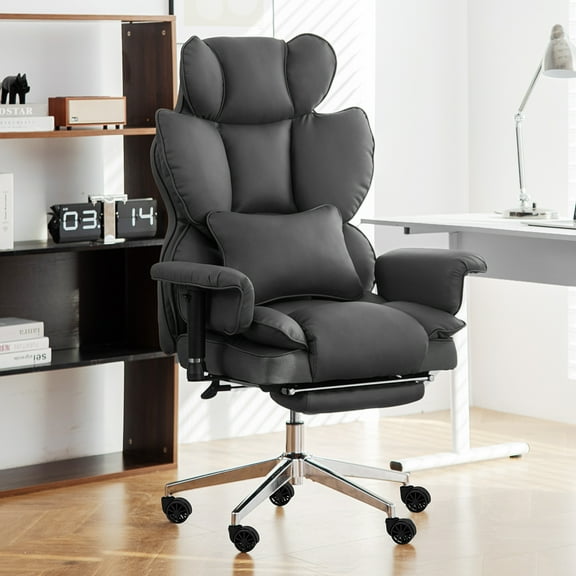 High Back Ergonomic Executive Office Chair Big And Tall Heavy Duty Home Office Desk Chair With Footrest PU Leather Computer Chair For Adult,Gray