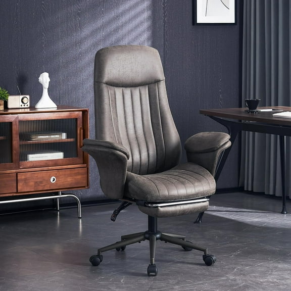 High Back Ergonomic Home Office Desk Chair, Lumbar Support Recline Executive Office Chair with Foot Rest, Suede Leather Swivel Computer Chair (Dark Grey Suede Fabric with footrest)