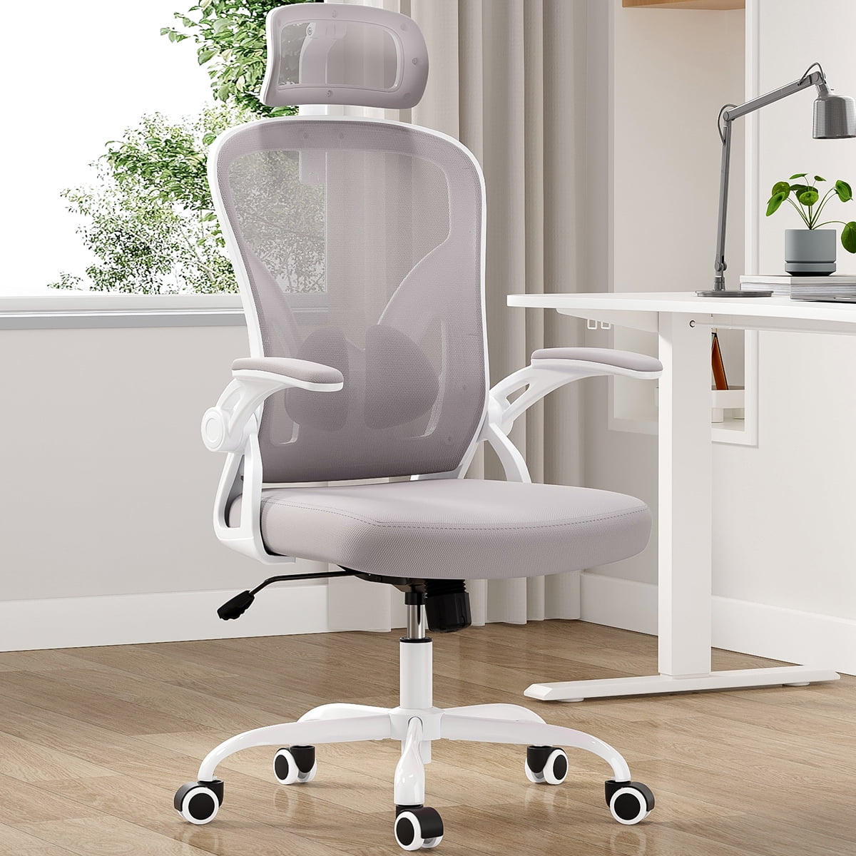 High Back Ergonomic Office Chair with Headrest, White & Gray Adjustable Lumbar Support Computer Desk Chair, Comfortable Armrest Task Chair for Home Office Study Room