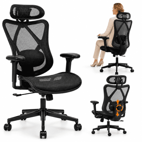 High-Back Ergonomic Office Chair with Adjustable Lumbar, Headrest & Armrests, 90-135° Tilt Lock, Quiet Casters – Home, Gaming, Computer