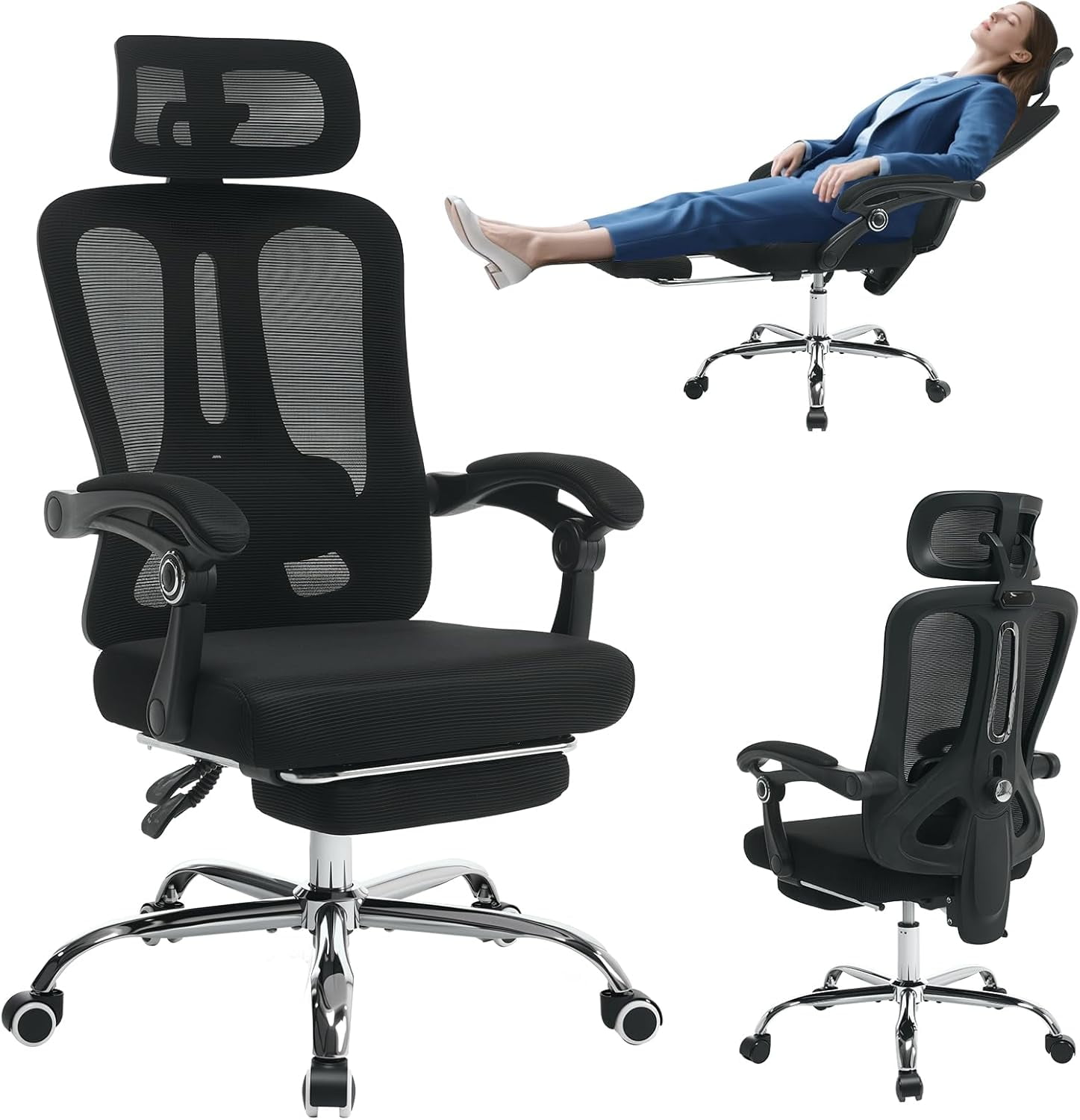 High-Back Ergonomic Office Chair with Mesh, Footrest & Lumbar Support, 350 Lb Capacity Adjustable Desk Chair for Home/Gaming