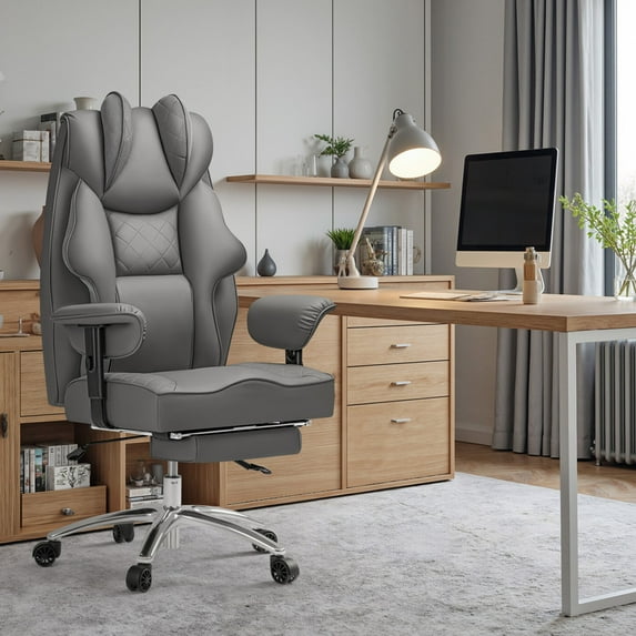 Homall High Back Executive Office Chair, Big and Tall PU Leather Executive Chair with Footrest – Ergonomic Reclining Computer Desk Chair, Gray