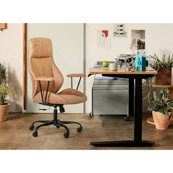 High Back Executive Office Chair with Padded Headrest, Rocking Modern Home Office Desk Chair, Height Tilt Adjustable Rolling Swivel Task Chair, Suede Fabric, Grey