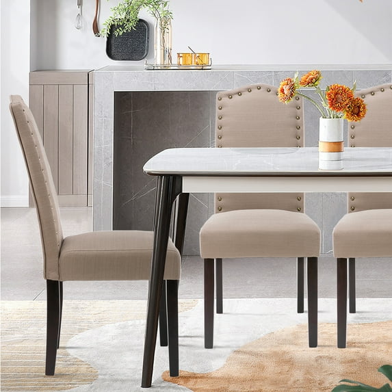 High Back Fabric Upholstered Dining Chairs with Nailhead Trim, Gray, Set of 2