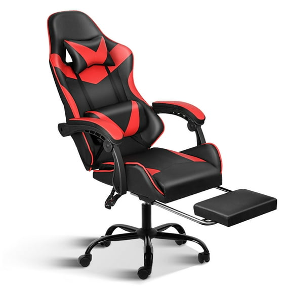 High Back Faux Leather Gaming Chair with Footrest, Height Adjustable Office Chair with 90-120 Degrees Adjustable Back, Ergonomic Swivel Chair with Headrest & Lumbar Support, Black/red