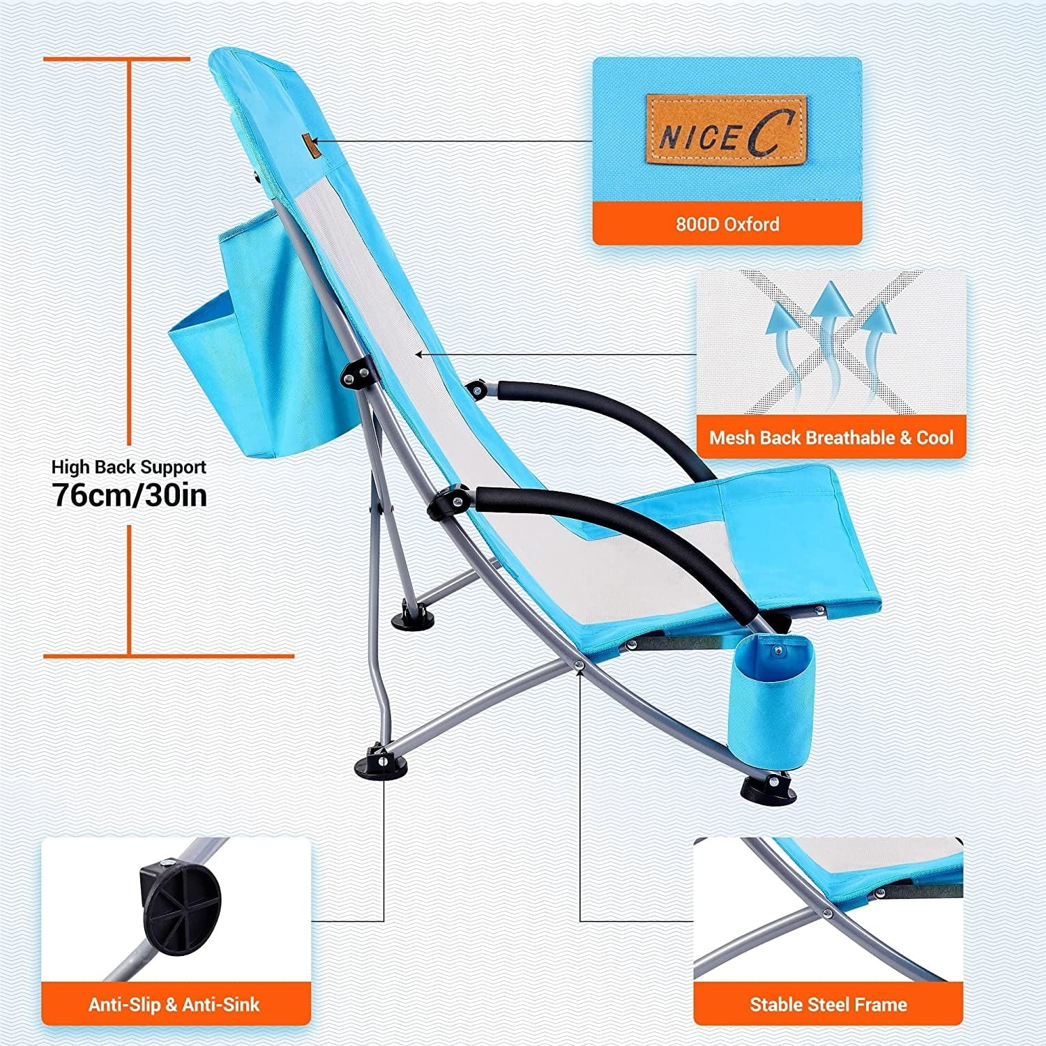 High Back Blue Mesh and Steel Folding Beach Chair Set