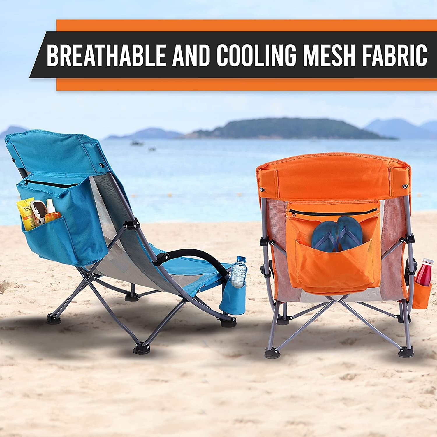 Orange High Back Folding Camping Chairs with Cooler and Cup Holder - Set of 2