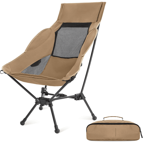 High Back Folding Camping Chair, 330lbs Portable Compact Chair with Wide Seat & Ergonomic Back Support (Khaki)
