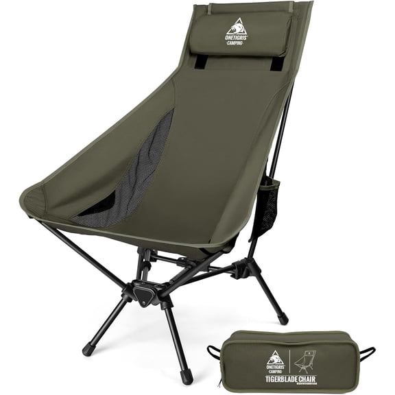 High-Back Folding Camping Chair with Pillow Back, Wide Seat, Ranger Green, Aluminum Frame, 330 lb Capacity