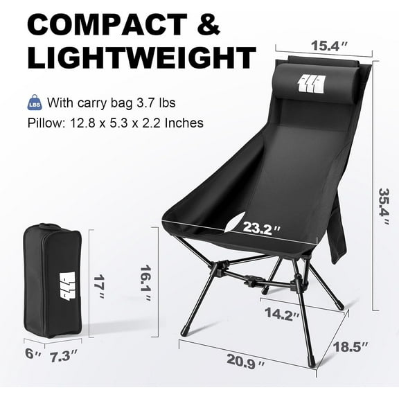 High Back Folding Camping Chair with Removable Headrest and Carry Bag, Heavy Duty for Outdoor Travel