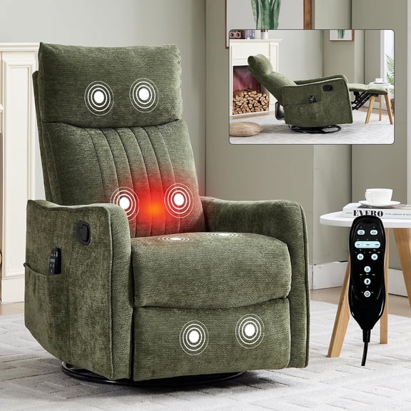 High Back Manual Recliner Chair with Heat & Massage, Swivel Rocker for Living Room Bedroom, Antique Green