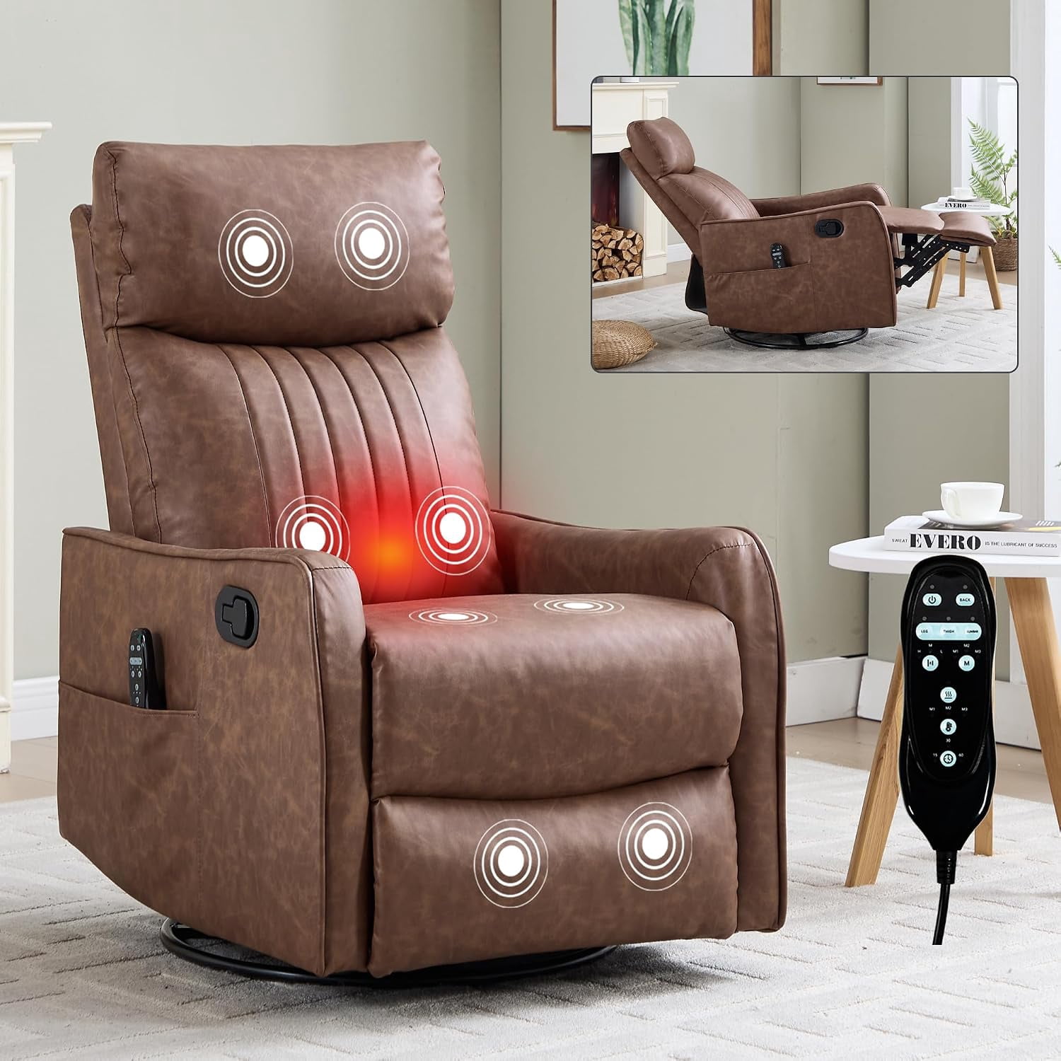 High Back Manual Recliner Chair with Heat & Massage, Swivel Rocker for Living Room Bedroom, Brown