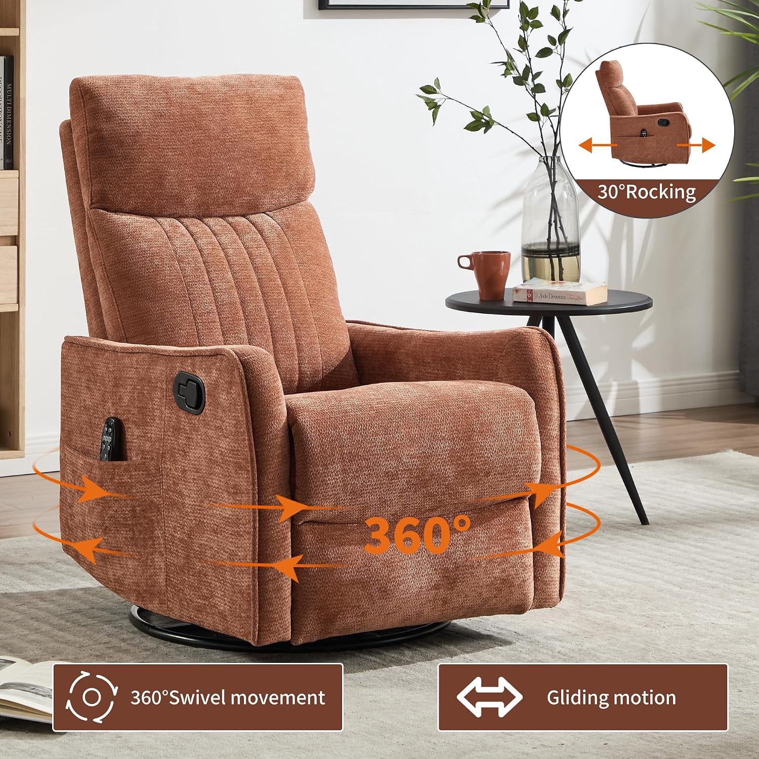 High Back Manual Recliner Chair with Heat & Massage, Swivel Rocker for Living Room Bedroom, Orange