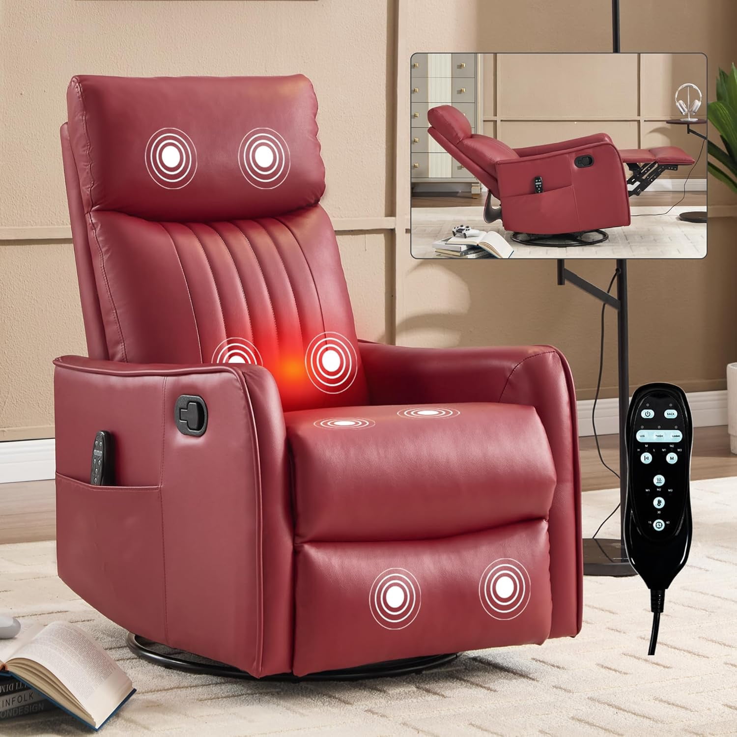 High Back Manual Recliner Chair with Heat & Massage, Swivel Rocker for Living Room Bedroom, Red
