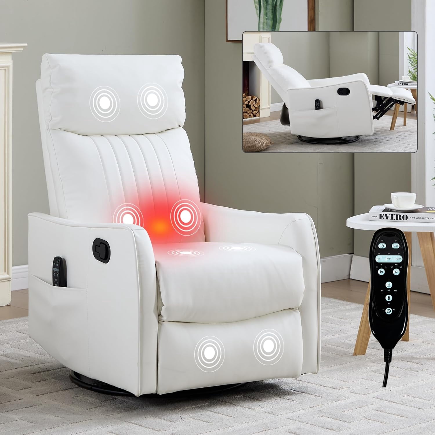 High Back Manual Recliner Chair with Heat & Massage, Swivel Rocker for Living Room Bedroom, White