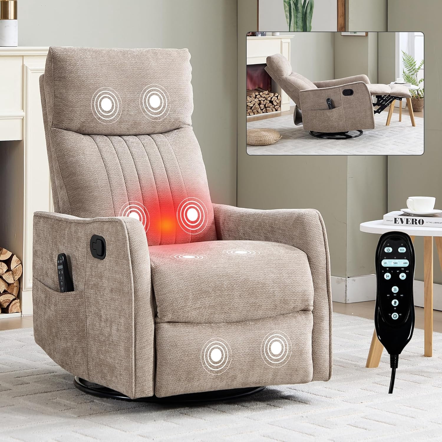 High Back Manual Recliner Chair with Heat & Massage, Swivel Rocker for Living Room Bedroom, khaki